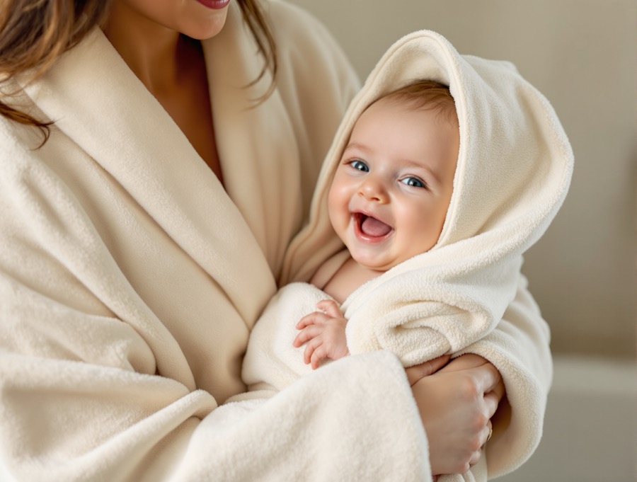 Giggling baby wrapped in a hooded towel