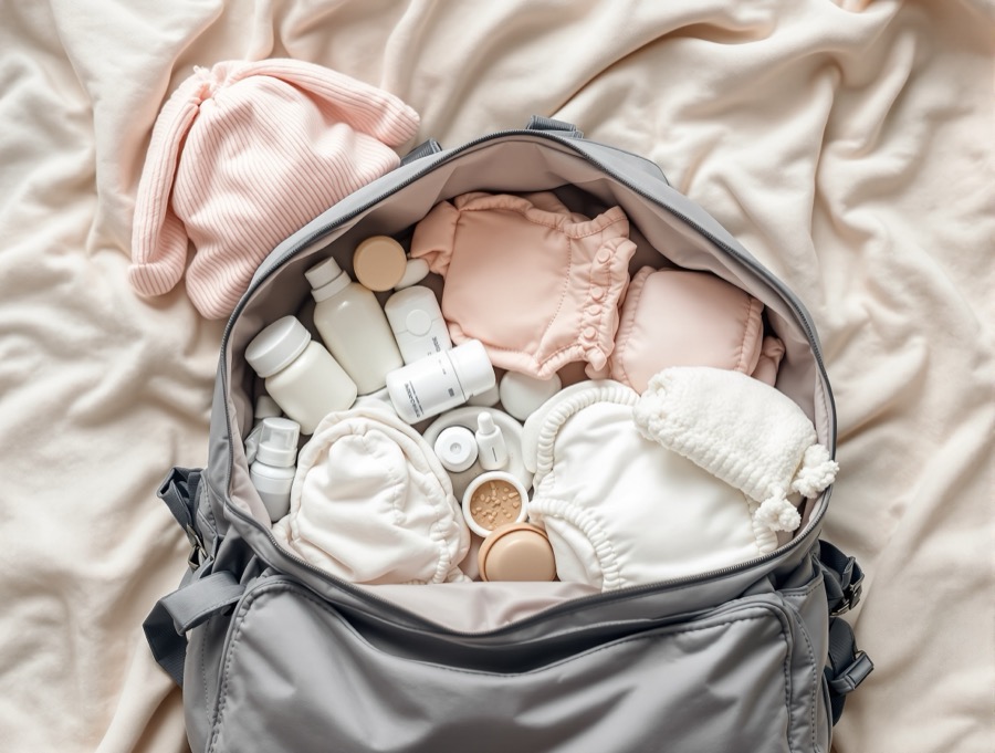 Diaper bag essentials laid out on a blanket