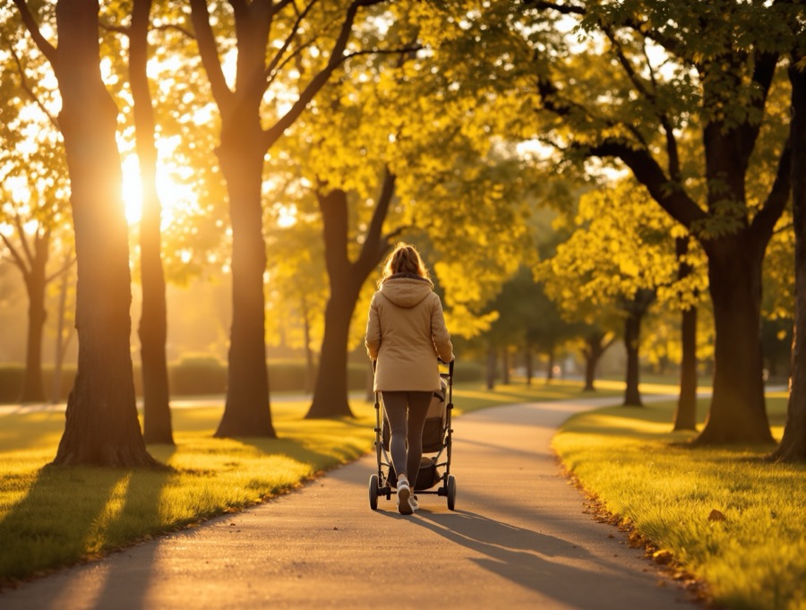 Mother pushing a stroller through a park at golden hour