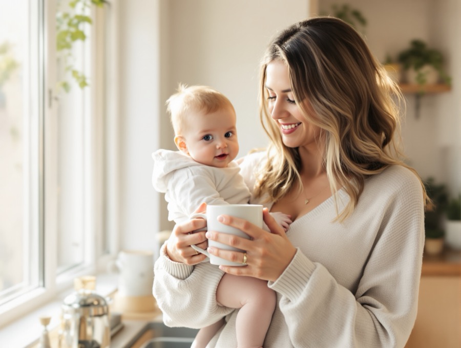 Mom with coffee and baby in a bright kitchen