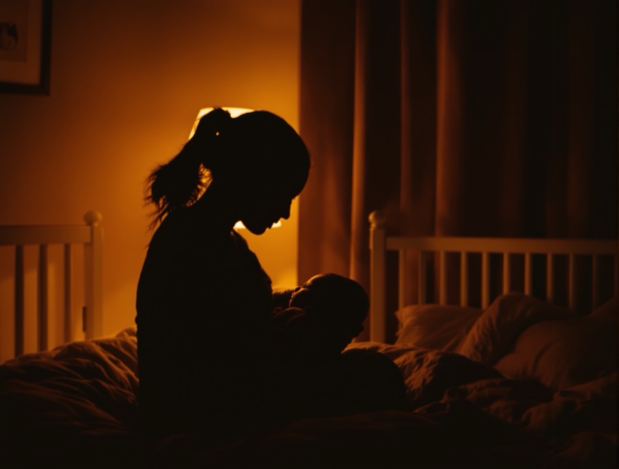 Mother rocking baby in a warm dark nursery